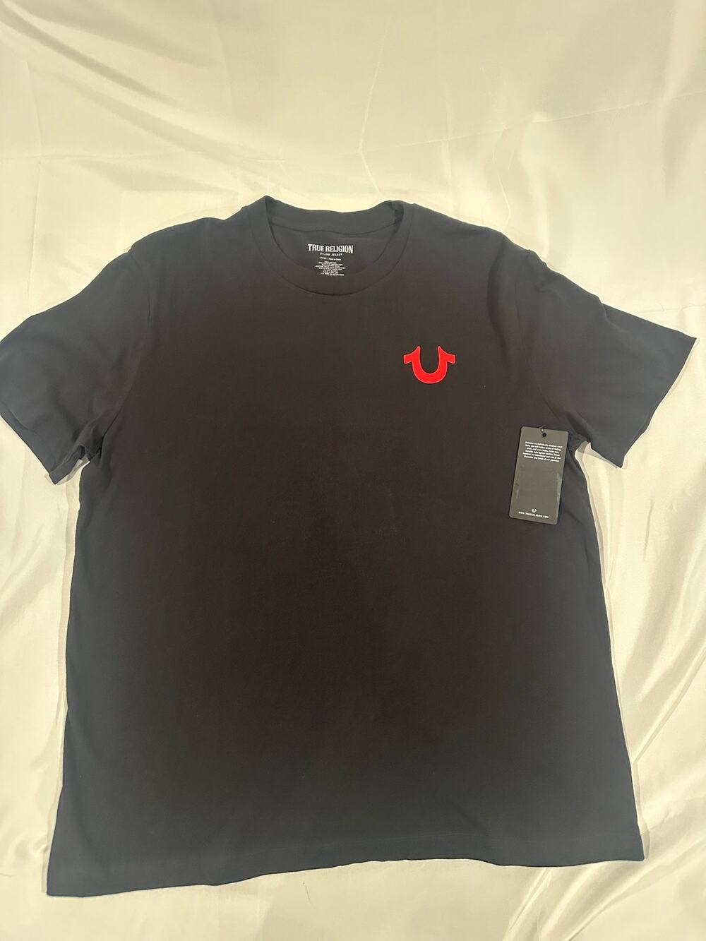 NWT True Religion Mens Black T-Shirt Red Horseshoe Logo Buddha Graphic Size L